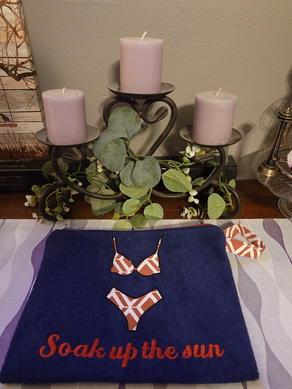 Navy 'Soak up the sun' Bathing Suit Storage with Orange Geometric Bikini Accent - Picture 2 of 6